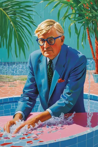 erich honecker,enzo ferrari,the man in the water,majorelle blue,popart,modern pop art,warhol,rainmaker,pool water,pool bar,palm springs,hotel man,pool,pool cleaning,elderly man,bill woodruff,fountainhead,cool pop art,roy lichtenstein,salvador guillermo allende gossens,Conceptual Art,Oil color,Oil Color 19