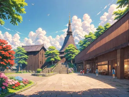 an animated rendering of a large building next to some trees,studio ghibli,ghibli,hosoda,sylvania,beautiful buildings,japanese sakura background,Anime,Anime,Traditional