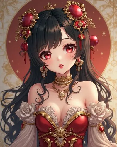 Cover book of anime manga cover, you in the style of Lü Ji with a baroque girl wearing an outfit made from luxury and gems, intricate details on eyes, hair, and lips, high detail with text title at th