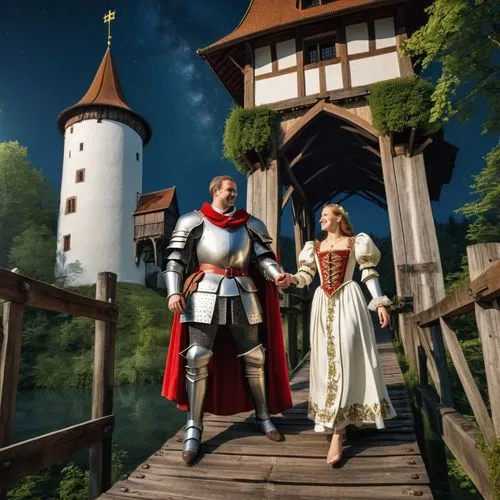 The picture shows a southern German duke from 1519 in old knight's armor, who is greeted with a curtsey by a damsel dressed in a simple robe on the wooden drawbridge of a small forest castle with a cy