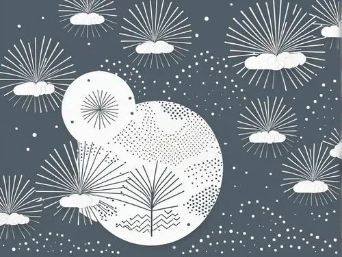 a card with the image of fireworks in a dark sky,snowflake background,dandelion parachute ball,snow flakes,umbrella pattern,christmas snowflake banner,fireworks background,Illustration,Black and White