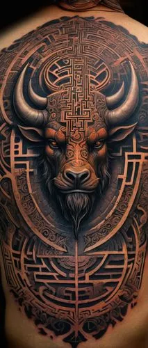 Intricate labyrinth design, sleeve tattoo, dark mysterious atmosphere, bold black lines, subtle shading, ancient Greek inspiration, mythical Minotaur in the center, ornate details, complex patterns, m