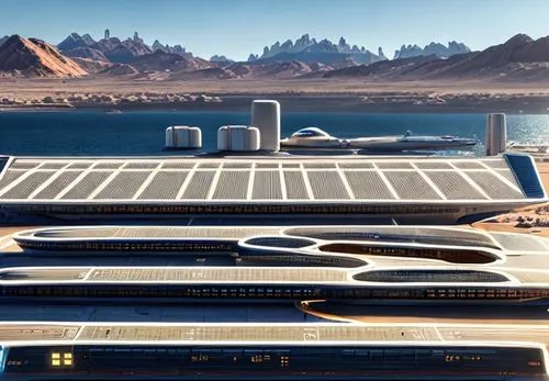 A futuristic spaceport on Venus, some spaceships parked , at noon, sandy mountains in the background,costa concordia,cruise ship,solar cell base,superyacht,very large floating structure,aqaba,luxury y