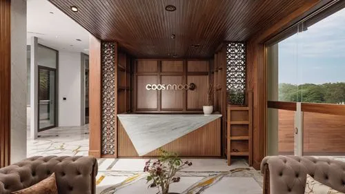 italian marble in floor 

corridor in wooden wainscoating upto dado level 
wood and white colour pallette 
wooden louvers in ceiling 
automated glass door on right side 
outdoor with garden and enhanc