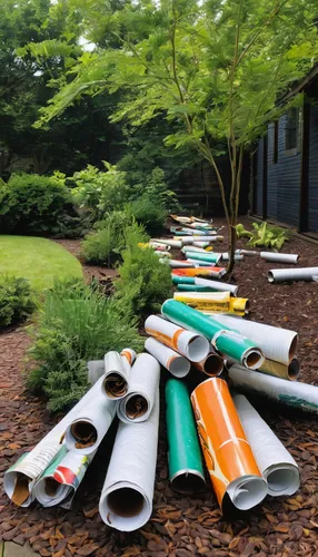 Write a poetic description of rolled cigarettes in a peaceful garden.,drainage pipes,canoes,japanese umbrellas,yoga mats,environmental art,sewer pipes,pipes,steel casing pipe,steel pipes,used lane flo