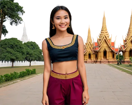 Thailand girl, traditional dress, golden accessories, dark hair, warm smile, bright eyes, smooth skin, gentle posture, standing, Ayutthaya palace background, warm sunlight, soft focus, cinematic compo