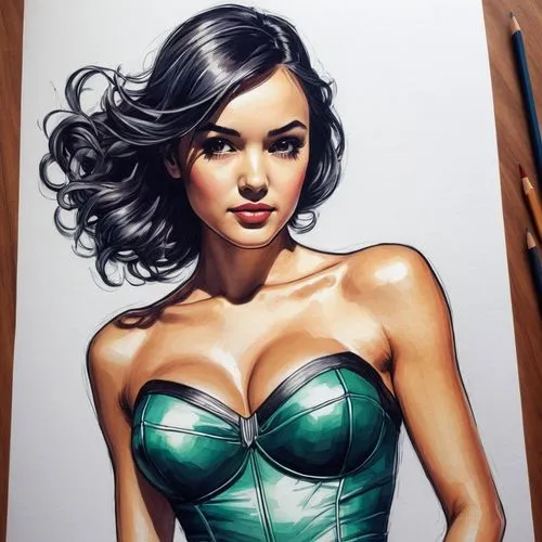 Descarga fondos de pantalla bonitos para tu dispositivo , pencil drawing of girl 
Zena Marshall
 by 
STAN LEE
 , giant perfect round fake chest, stunning slim waist, 
tight strapless dinner dress,the 