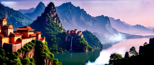 wudang,fantasy landscape,rivendell,yangshao,guilin,landscape background,monasteries,mountainous landscape,dongjiang,wuyi,zhangjiagang,yunnan,zhangjiajie,huangshan,fantasy picture,lijiang,xianglong,haicang,beautiful landscape,guizhou,Illustration,Children,Children 01