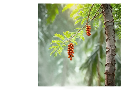 Tamarind tree, tropical atmosphere, vibrant green leaves, twisted branches, thick trunk, rough bark, orange fruits hanging, warm sunlight filtering through leaves, 3/4 composition, shallow depth of fi