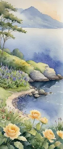 watercolor background,coastal landscape,watercolor,sea landscape,beach landscape,landscape with sea,watercolor painting,watercolor blue,watercolor paint,an island far away landscape,flower painting,watercolors,watercolour,watercolor tea,cape marguerites,water color,pebble beach,landscape rose,water colors,watercolor flowers,Illustration,Paper based,Paper Based 23