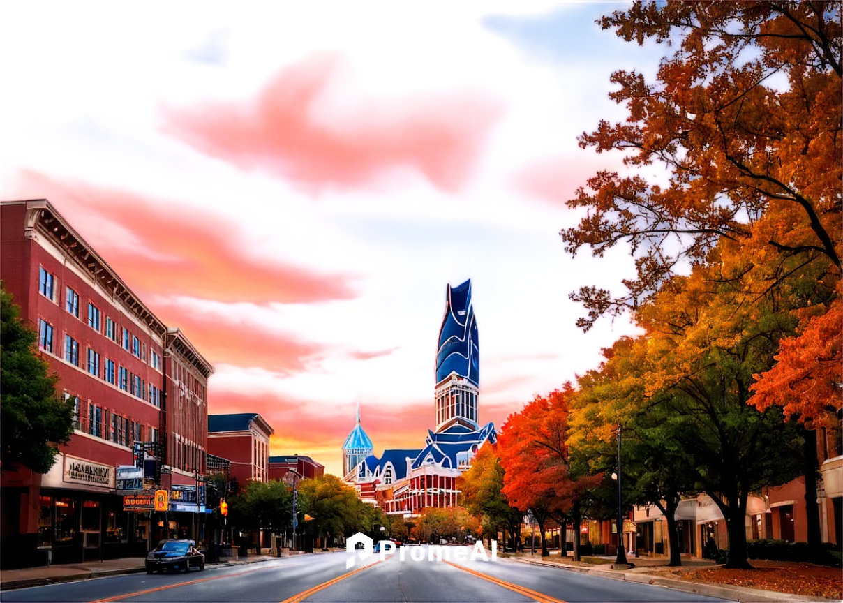 Nashville TN, cityscape, panoramic view, country music scene, Broadway street, neon lights, Ryman Auditorium, guitar-shaped building, Tennessee State Capitol, autumn foliage, warm sunset, 3/4 composit