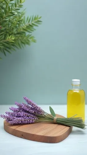 panggung untuk display produk yang alami  dengan bahan  eucalyptus , vco oil dan lavender ,lavender and honey on  board with fresh leaves,lavender oil,natural oil,lavander products,naturopathic,homeop