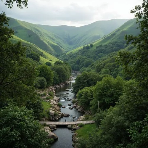 Sweeping hills, lush green forests, meandering streams, rustic wooden bridges, natural stone walls, curved lines, organic forms, earthy tones, blending boundaries, seamless transitions, harmonious coe