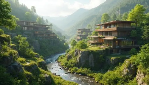 house in mountains,mountain settlement,house in the mountains,mountain village,world digital painting,fallingwater,tigers nest,alpine village,building valley,shangri,rivendell,japanese alps,japan landscape,japanese mountains,green valley,mountain valley,mountainous landscape,mountain huts,mountainside,fantasy landscape,Photography,General,Realistic