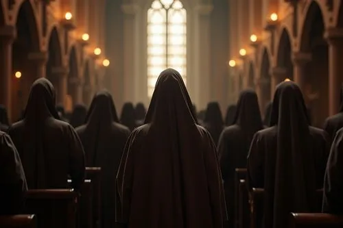 a group of people are standing in a building,volturi,nuns,sacerdotes,choristers,choir,monjas