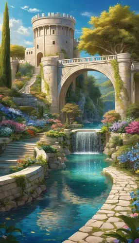 water castle,fantasy landscape,fantasy picture,fairy tale castle,knight's castle,dragon bridge,fairytale castle,ancient city,fantasy city,imperial shores,fantasy world,oasis,castle of the corvin,water palace,landscape background,scenic bridge,city moat,peter-pavel's fortress,crescent spring,idyllic,Art,Classical Oil Painting,Classical Oil Painting 02