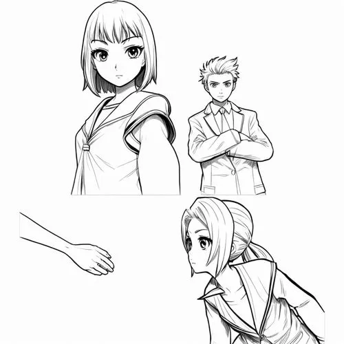 the four anime characters are standing in different directions,fighting poses,shirou,gestures,ikkoku,ichiko,tsukihime,Design Sketch,Design Sketch,Black and white Comic