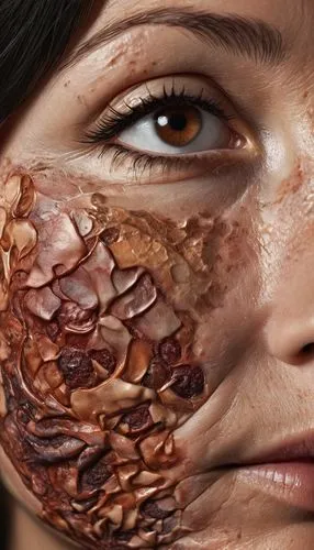 keratoderma,epidermis,skin texture,hyperrealism,chocolate shavings,plastinated,membranacea,slipcovered,retouching,epidermal,natural cosmetics,conceptual photography,photorealist,vinoodh,body art,woman's face,photoshop manipulation,natural cosmetic,epidermolysis,snake skin,Conceptual Art,Fantasy,Fantasy 22