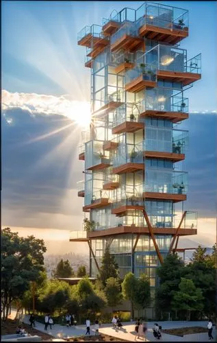 this is an image of a building with many levels and balconies,steel tower,the energy tower,residential tower,electric tower,observation tower,stalin skyscraper,Photography,General,Realistic