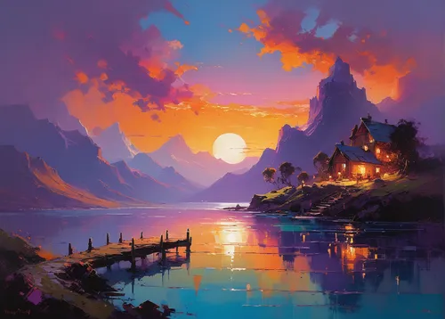 fantasy landscape,purple landscape,coast sunset,landscape background,coastal landscape,world digital painting,evening lake,fantasy picture,an island far away landscape,eventide,evening atmosphere,river landscape,sea landscape,futuristic landscape,mountain sunrise,beautiful landscape,high landscape,nature landscape,summer evening,digital painting,Conceptual Art,Sci-Fi,Sci-Fi 22