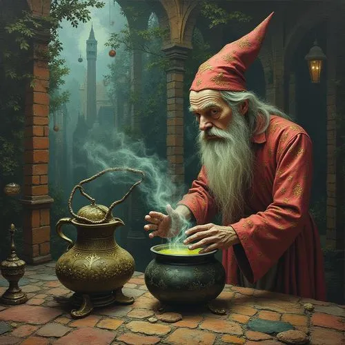 OPTICAL ILLUSION painting of { a wizard } {mixing a potion in his cauldron } in a M.C. Escher style architectural wonderland --ar 16:9 --stylize 250 --weird 25 --style raw,a wizard preparing a pot of 