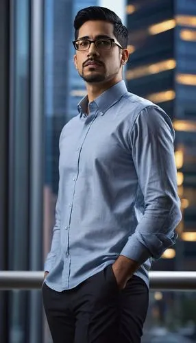 Male, architect, professional attire, glasses, short black hair, facial hair, standing, hands in pockets, confident posture, modern office building, cityscape, skyscraper, glass windows, steel frames,