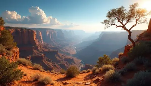 Canyon settings, grand canyon landscape, vast desert scenery, majestic rocky cliffs, layered red rock formations, deep valleys, serene blue sky, few puffy white clouds, warm golden sunlight, gentle br