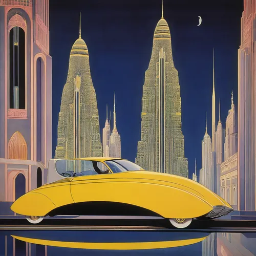 art deco,yellow car,art deco background,travel poster,moon car,cadillac de ville series,chrysler building,art deco woman,futuristic car,chrysler concorde,chrysler,chrysler airflow,new york taxi,packard patrician,opel record p1,austin cambridge,chrysler fifth avenue,duesenberg,continental,daimler sp250,Illustration,Retro,Retro 26