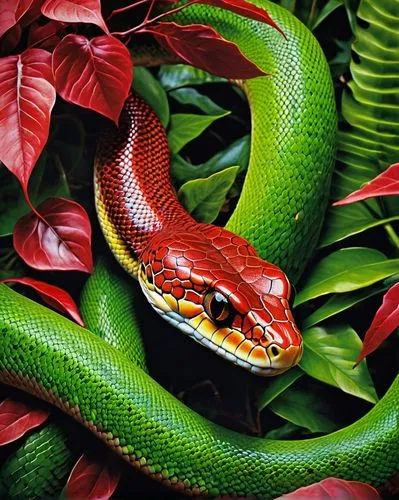 A vividly colored snake with piercing eyes hides among lush green and red foliage, creating a striking contrast in nature.,vipera,liophis,green python,tree python,pitviper,nonvenomous,green tree snake