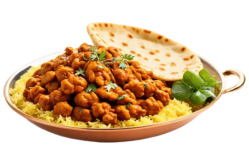 Indian cuisine, traditional dish, colorful ingredients, steaming hot food, intricate garnish, copper utensils, ceramic plate, naan bread, basmati rice, rich curry sauce, tender chicken tikka, crispy o