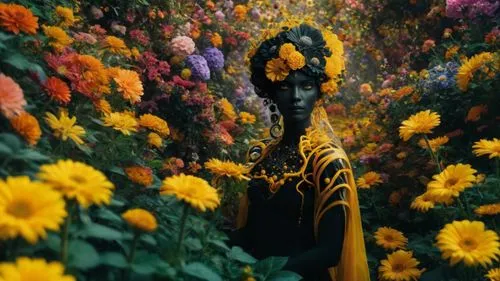 Añade un fondo psicodélico con muchas flores,yellow garden,girl in flowers,sea of flowers,flower garden,rudbeckia,flower field,field of flowers,kahila garland-lily,pollinate,falling flowers,helianthus