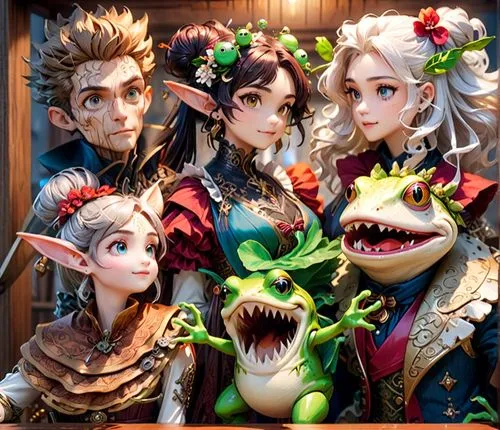 group photo of 5 adventurers, 3 ladies, a wooden-automaton, and a frog-humanoid with a little-monster
,some of the characters from tales of werewolves in front of an art object,dragon slayers,ohana,dr