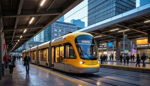 Vibrant tram station, modern architecture, sleek metal beams, glass roofs, industrial chic atmosphere, exposed ductwork, concrete flooring, bold color scheme, bright yellow accents, deep blue tones, e