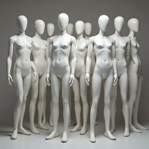 Large number of mannequins standing ,several mannequins with different sizes stand side by side in front of grey background,mannequins,artist's mannequin,torsos,female body,figure group,white figures