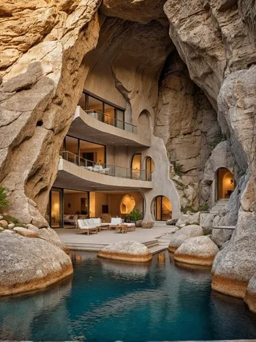 imagine a highly detailed, intriguing visualization of an underground residence carved into the rocky cliffs of a remote island, taking inspiration from ancient cave dwellings. Highlight the interplay