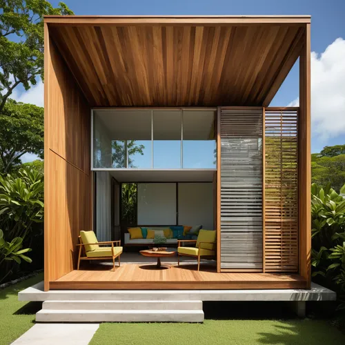 Award winning Puerto Rico architecture firm design high end minimalist light oak structure with aluminum louvered screen facade. Mid century modernism style. Modern mid century louvered shutters scree