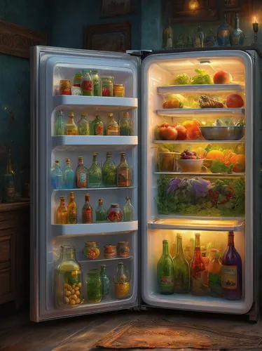 fridge,refrigerator,frozen food,freezer,frozen vegetables,cupboard,pantry,potions,coolers,food storage,compartments,cartoon video game background,apothecary,fridge lock,frozen dessert,frozen drink,game illustration,children's background,china cabinet,inventory,Art,Classical Oil Painting,Classical Oil Painting 18