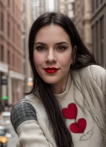 a portrait half body of a beautiful caucasian girl 24 years old, black hair, red lips, in a casual outfit in a street in NY as background in 4k,red lipstick,red lips,portrait photographers,menswear fo