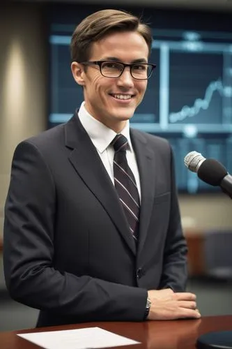 AMD, business casual, confident smile, glasses, short hair, suit, tie, microphone, conference room, podium, presentation slide, futuristic background, subtle lighting, shallow depth of field, professi