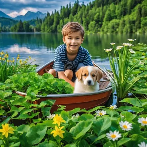 boy and dog,little boat,girl and boy outdoor,beagle,dog in the water,picnic boat,canoeing,boat landscape,dug out canoe,wooden boat,baby float,cute puppy,little boy and girl,fishing float,children's background,retrieve,beautiful lake,perched on a log,boat ride,idyllic,Photography,General,Realistic