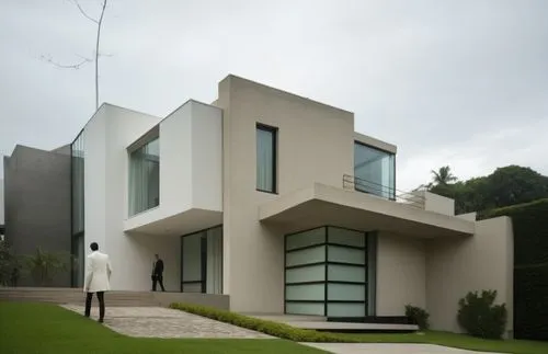 two people walk by the large white house,modern house,cubic house,corbu,modern architecture,cube house,eisenman,Photography,General,Realistic