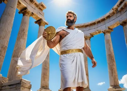 Greek god, bearded male, mature, strong physique, white toga, golden laurel wreath, holding compass, blueprints, standing, majestic pose, ancient Greek temple, Doric columns, marble floors, bright blu