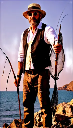 Fisherman, rugged, mature man, beard, messy hair, worn fishing hat, sunglasses, weathered skin, torn fishing net, holding fishing rod, standing on rocky coast, strong posture, 3/4 composition, warm li