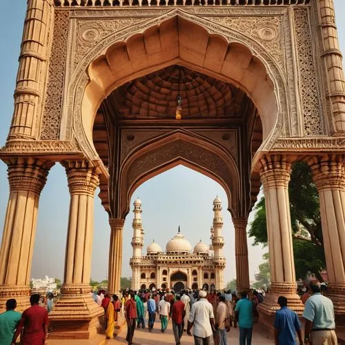 Hyderabad architecture, ancient Indian style, intricate stone carvings, domes, minarets, arches, Islamic influences, white marble, ornate decorations, detailed textures, Charminar-inspired design, gra