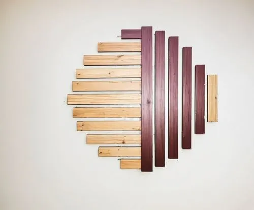 a wall decor made of wood and maroon metal against a white background,a wooden artwork with red stripes and two brown lines,slat window,wooden ruler,wood window,hejduk,abacus,wood mirror,Photography,G