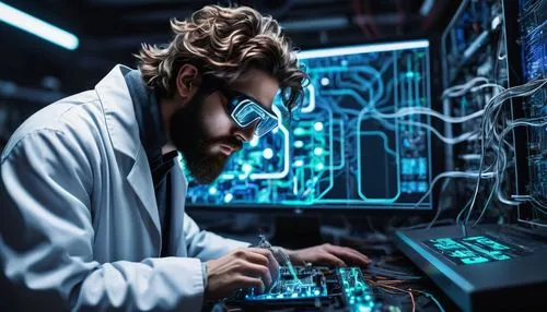 AI Image Creator, futuristic lab, scientist, white coat, goggles, messy hair, beard, intense focus, computer screen, code lines, circuit boards, wires, robotic arm, 3D printing machine, futuristic mac