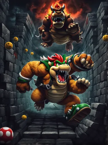 Illustrate a comical scenario where Bowser is chasing after Mario amidst a crazy obstacle course.,fuel-bowser,petrol-bowser,super mario brothers,wall breaker,mario bros,super mario,true toad,invader,k