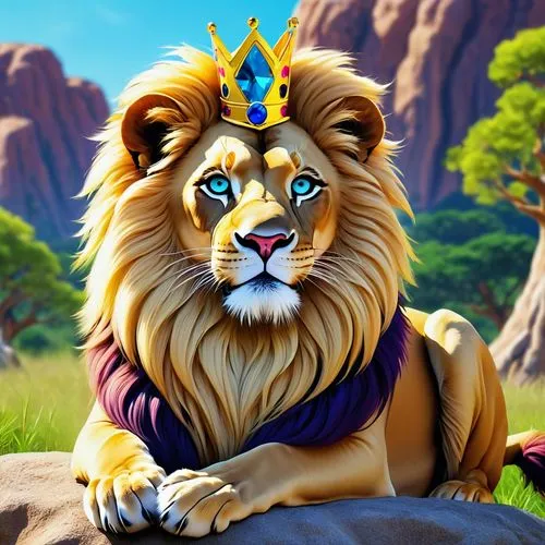 Lisa Frank lion, female, cartoon style, colorful mane, bright blue eyes, whiskers, smiling face, cute nose, fluffy fur, golden crown, majestic posture, sitting on a rock, savannah environment, sunny d