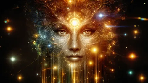 apophysis,divine healing energy,shamanic,aura,astral traveler,inner light,priestess,sorceress,consciousness,the enchantress,mysticism,inner space,shamanism,mystical portrait of a girl,divination,crown chakra,transcendence,fractalius,metaphysical,star mother