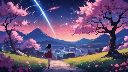 japanese sakura background,sakura background,landscape background,fantasia,fairy world,magical adventure,dream world,moon and star background,starlight,fantasy picture,fantasy landscape,musical background,falling stars,falling star,star winds,music background,star sky,the mystical path,cosmos wind,background image,Illustration,Japanese style,Japanese Style 06